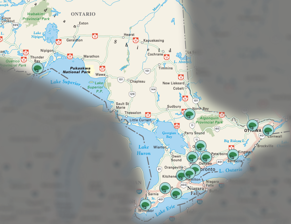 map of Ontario with icons representing communities where helmets were donated