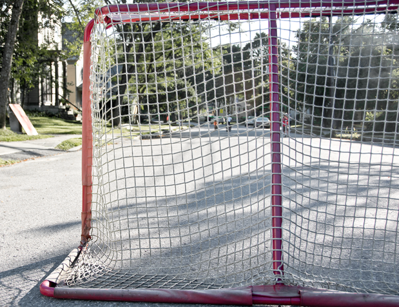 a road hockey net stands before an empty residential street